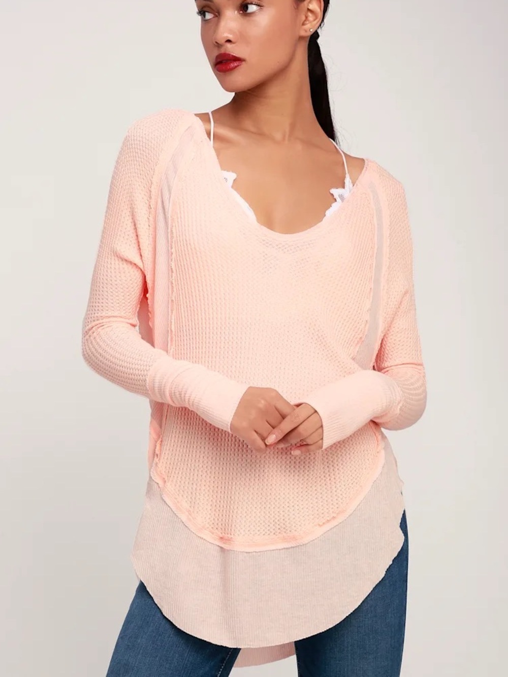 Free People Catalina V Neck Thermal Top Waffle Knit Light Pink Peach Shirt Sz SM